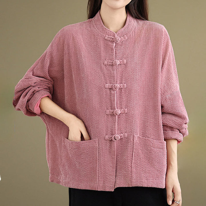 Buddha Stones Frog-button Stand Collar Women's Cotton Linen Corduroy Jacket - image 10
