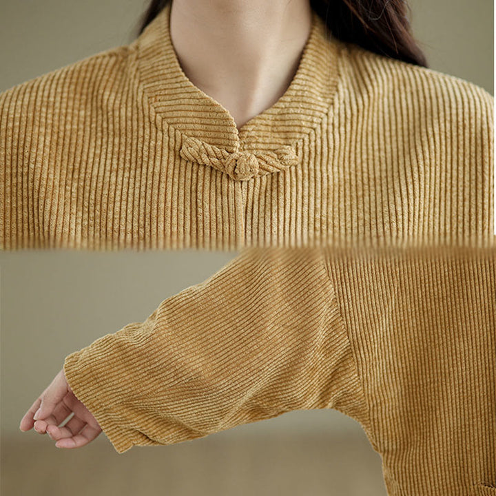 Buddha Stones Frog-button Stand Collar Women's Cotton Linen Corduroy Jacket - image 8