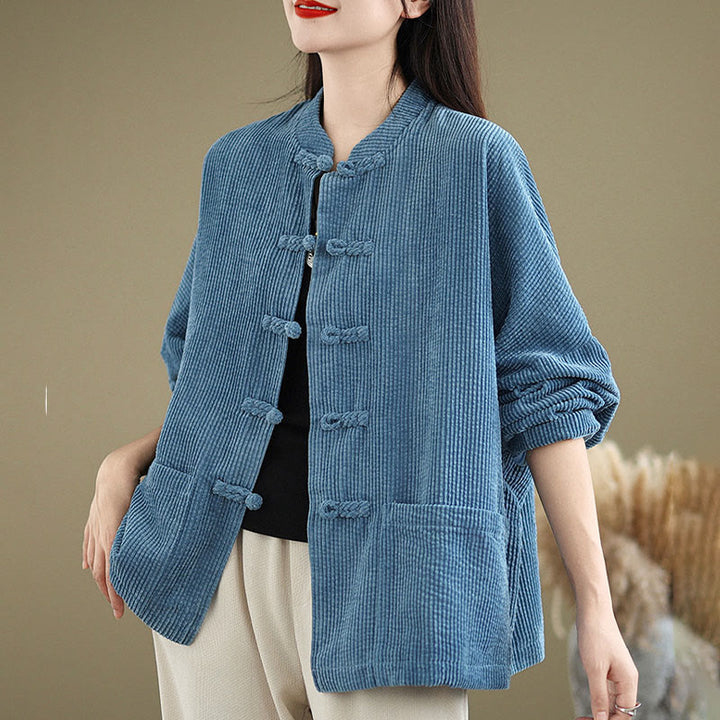 Buddha Stones Frog-button Stand Collar Women's Cotton Linen Corduroy Jacket - image 17