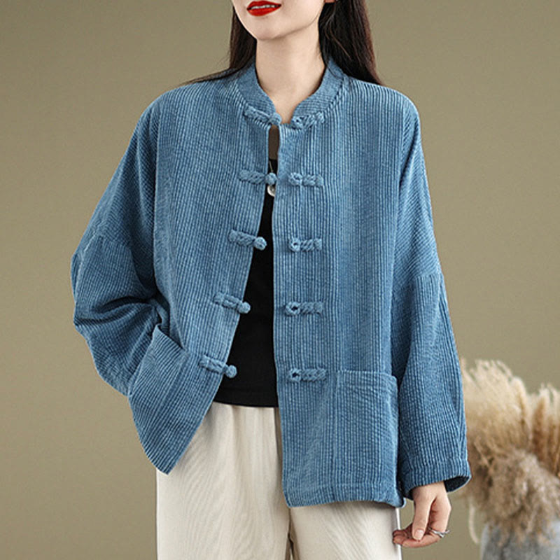 Buddha Stones Frog-button Stand Collar Women's Cotton Linen Corduroy Jacket - SteelBlue - US14，UK/AU18，EU46 (2XL) - image 15