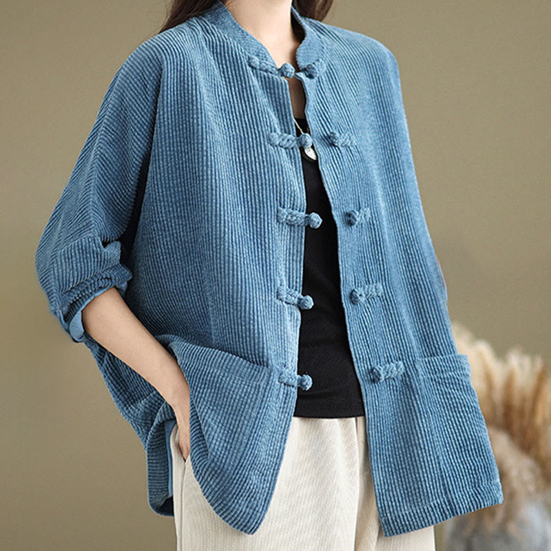Buddha Stones Frog-button Stand Collar Women's Cotton Linen Corduroy Jacket - image 20