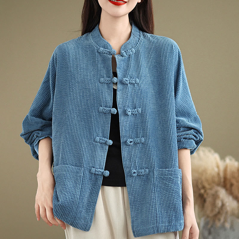 Buddha Stones Frog-button Stand Collar Women's Cotton Linen Corduroy Jacket - image 19