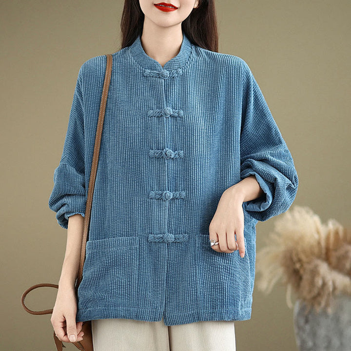Buddha Stones Frog-button Stand Collar Women's Cotton Linen Corduroy Jacket - image 18