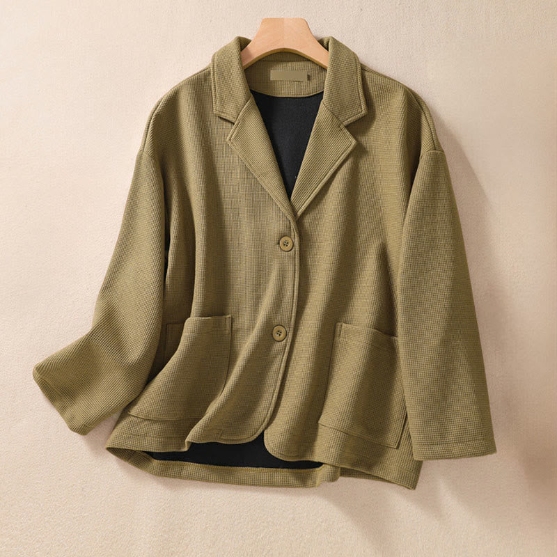 Buddha Stones Plain Lapel Women's Cotton Jacket With Pockets - Olive - US12，UK/AU16，EU44 (XL) - image 0