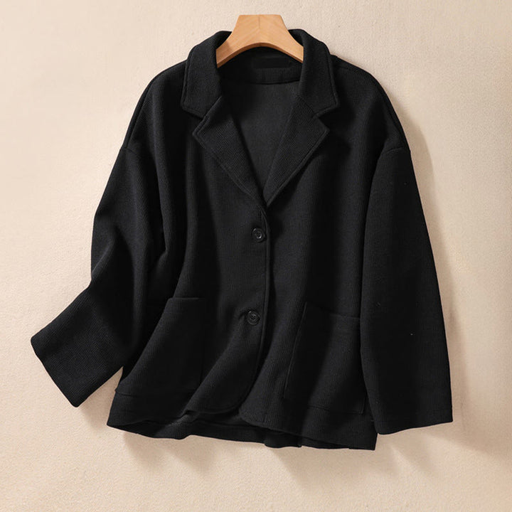 Buddha Stones Plain Lapel Women's Cotton Jacket With Pockets - Black - US12，UK/AU16，EU44 (XL) - image 21