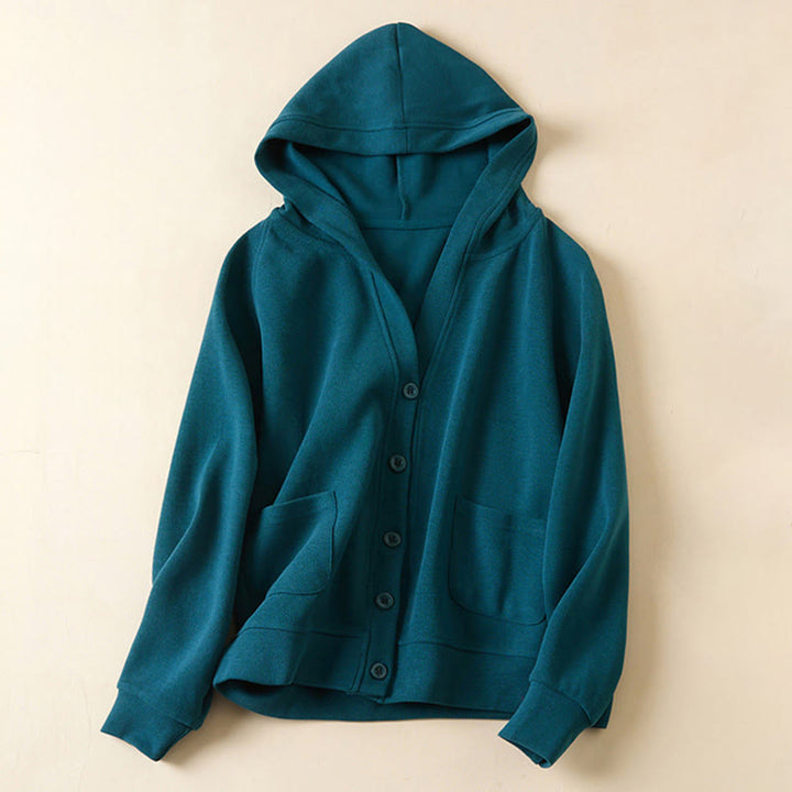 Buddha Stones Plain Buttons Women's Cotton Hooded Jacket With Pockets - SteelBlue - US12，UK/AU16，EU44 (2XL) - image 15