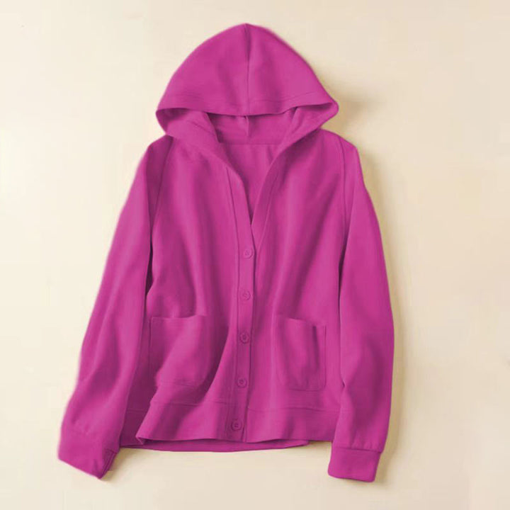 Buddha Stones Plain Buttons Women's Cotton Hooded Jacket With Pockets - MediumVioletRed - US12，UK/AU16，EU44 (2XL) - image 21