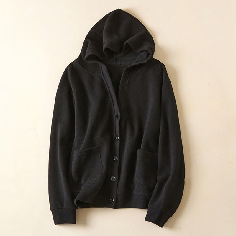 Buddha Stones Plain Buttons Women's Cotton Hooded Jacket With Pockets - Black - US12，UK/AU16，EU44 (2XL) - image 24