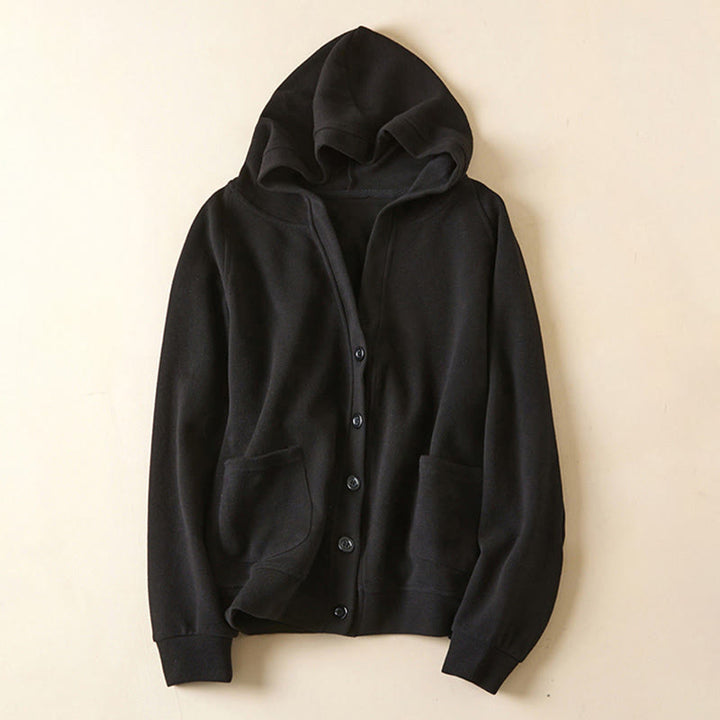 Buddha Stones Plain Buttons Women's Cotton Hooded Jacket With Pockets - Black - US12，UK/AU16，EU44 (2XL) - image 24