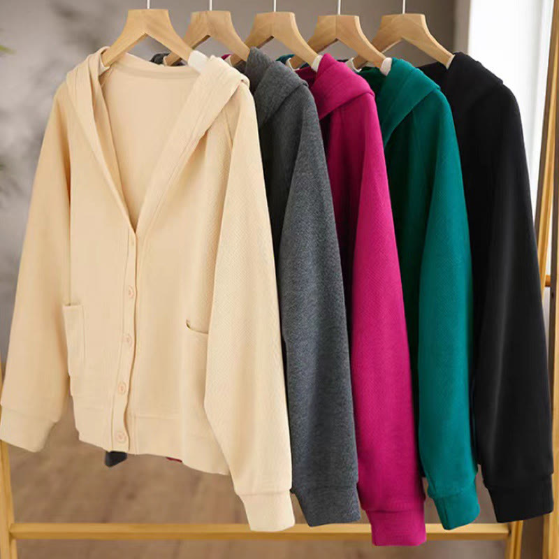 Buddha Stones Plain Buttons Women's Cotton Hooded Jacket With Pockets - image 32