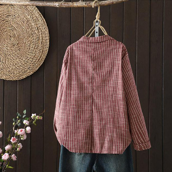 Buddha Stones Splicing Stripes Women's Cotton Linen Jacket With Pockets - image 7