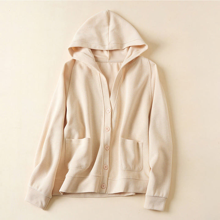 Buddha Stones Plain Buttons Women's Cotton Hooded Jacket With Pockets - PapayaWhip - US12，UK/AU16，EU44 (2XL) - image 7