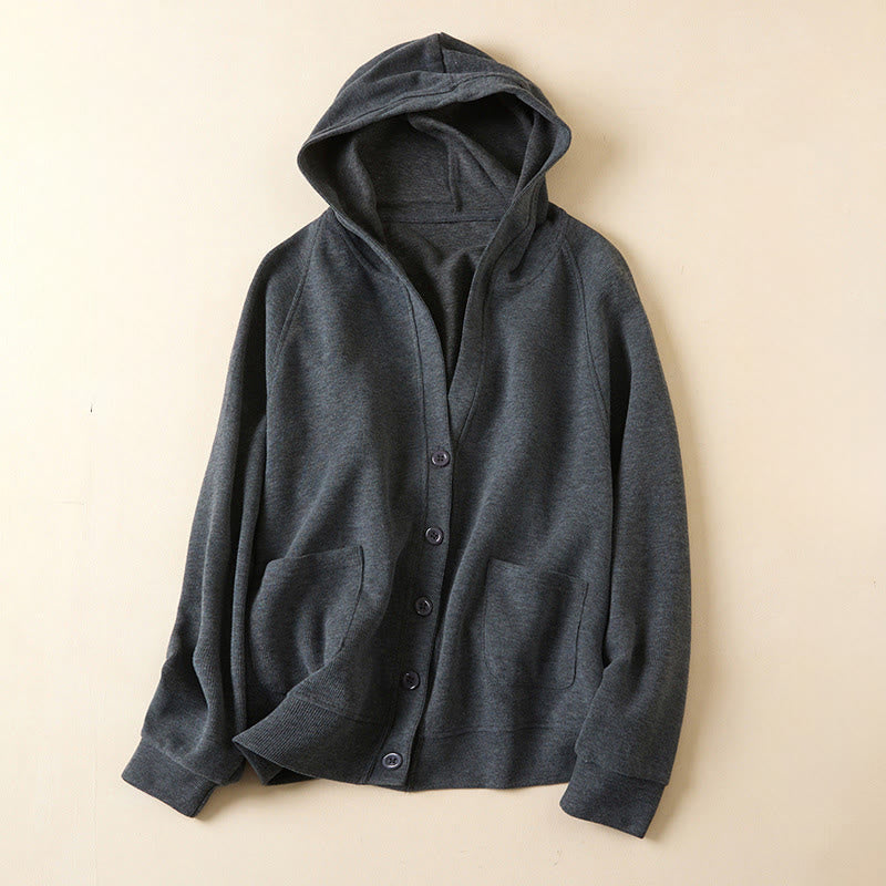 Buddha Stones Plain Buttons Women's Cotton Hooded Jacket With Pockets - DimGray - US12，UK/AU16，EU44 (2XL) - image 0