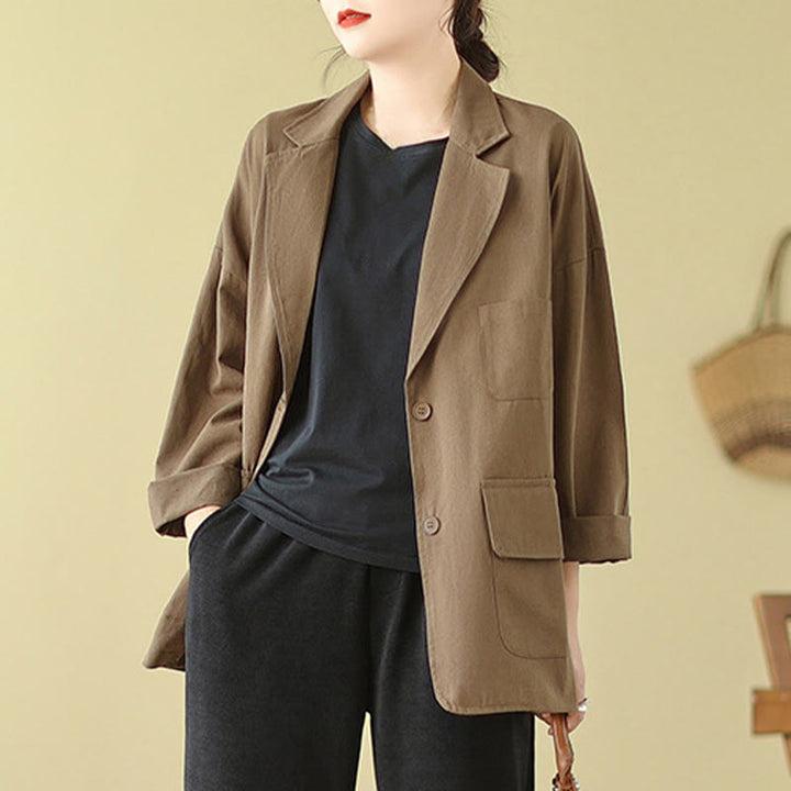 Buddha Stones Plain Women's Cotton Suit Jacket With Pockets - image 3