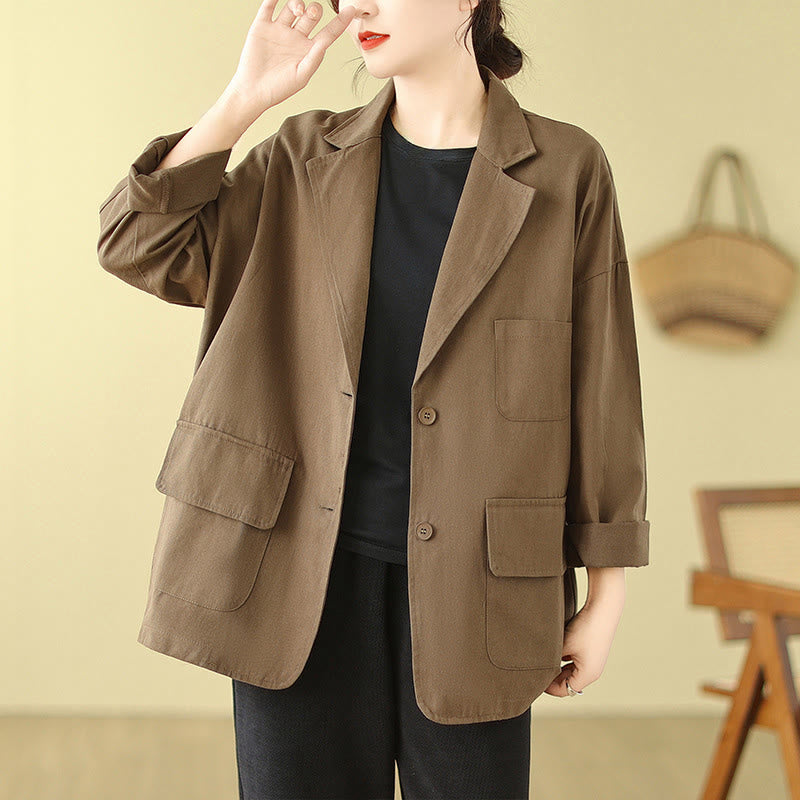 Buddha Stones Plain Women's Cotton Suit Jacket With Pockets - DarkGoldenrod - US14，UK/AU18，EU46 (2XL) - image 0