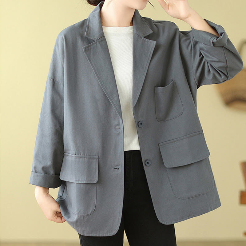 Buddha Stones Plain Women's Cotton Suit Jacket With Pockets - LightSteelBlue - US14，UK/AU18，EU46 (2XL) - image 7