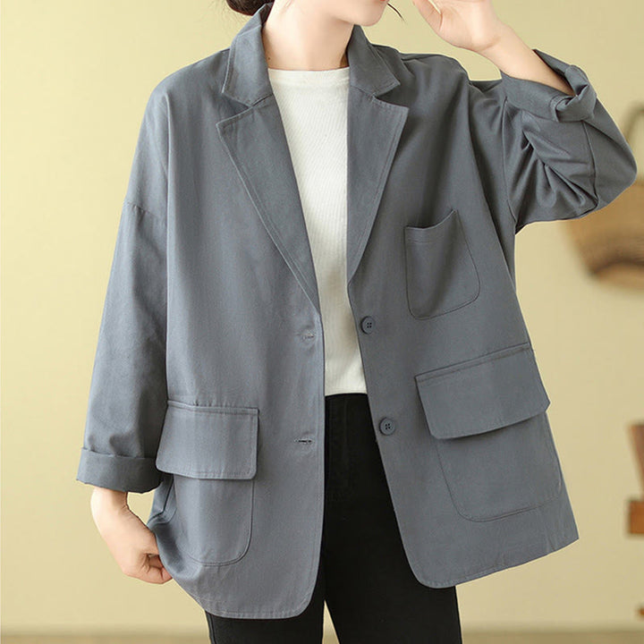 Buddha Stones Plain Women's Cotton Suit Jacket With Pockets - LightSteelBlue - US14，UK/AU18，EU46 (2XL) - image 7