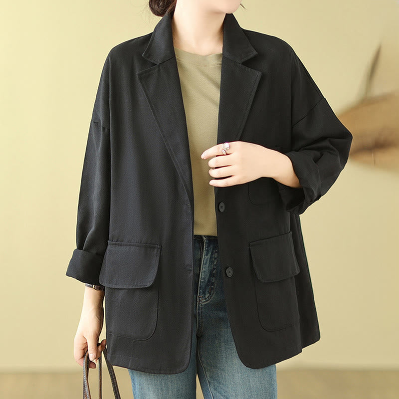 Buddha Stones Plain Women's Cotton Suit Jacket With Pockets - Black - US14，UK/AU18，EU46 (2XL) - image 12