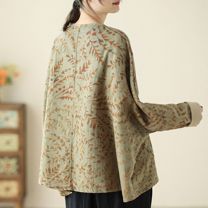 Buddha Stones Leaf Print Women's Cotton Linen Jacket With Pockets - image 5