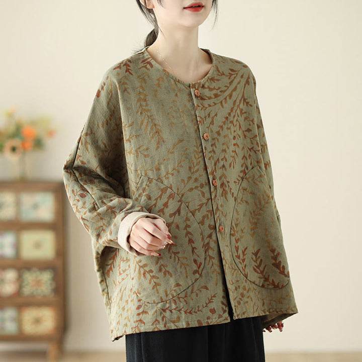 Buddha Stones Leaf Print Women's Cotton Linen Jacket With Pockets - image 4