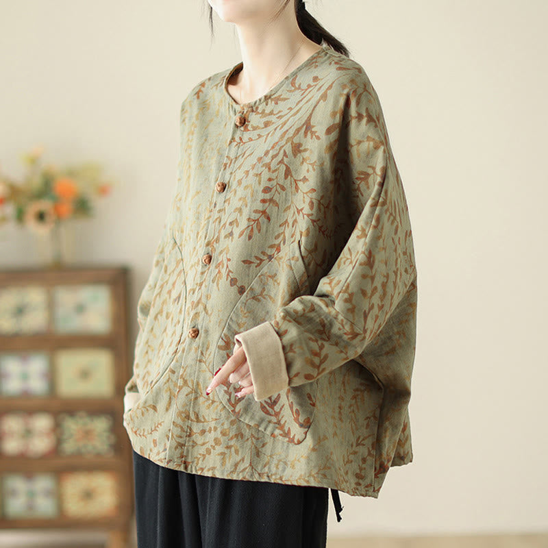Buddha Stones Leaf Print Women's Cotton Linen Jacket With Pockets - image 2