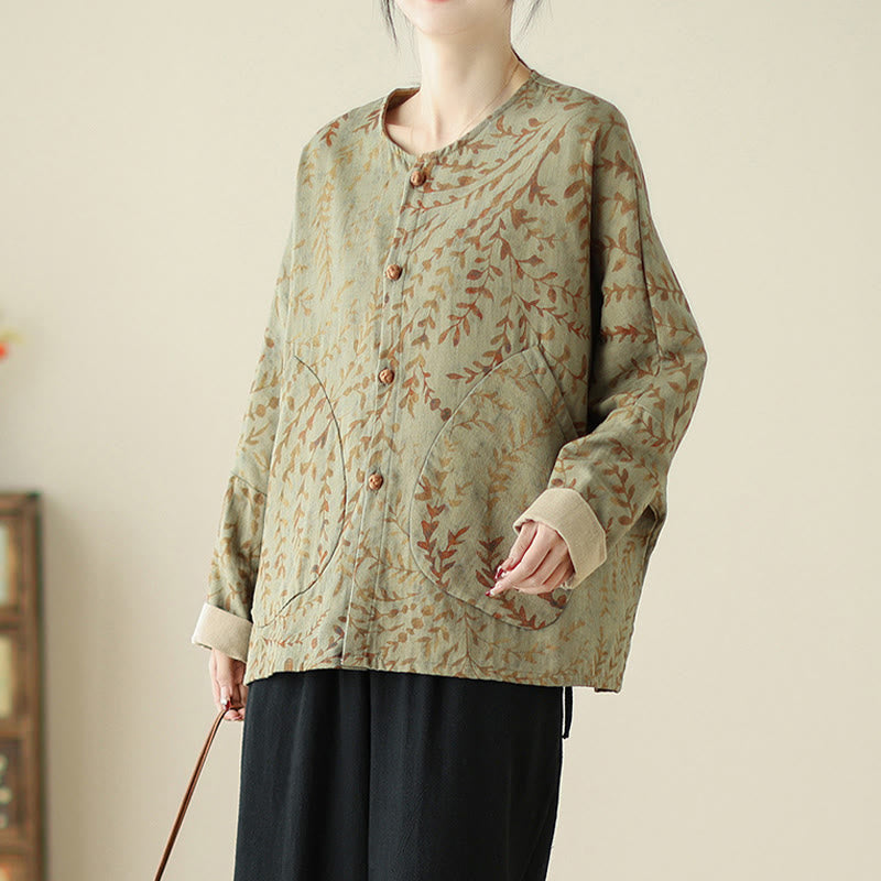Buddha Stones Leaf Print Women's Cotton Linen Jacket With Pockets - image 3