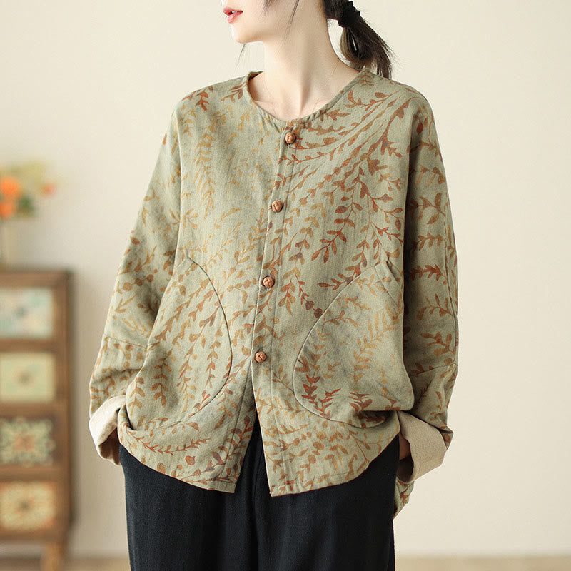 Buddha Stones Leaf Print Women's Cotton Linen Jacket With Pockets - DarkKhaki - US14，UK/AU18，EU46 (2XL) - image 0