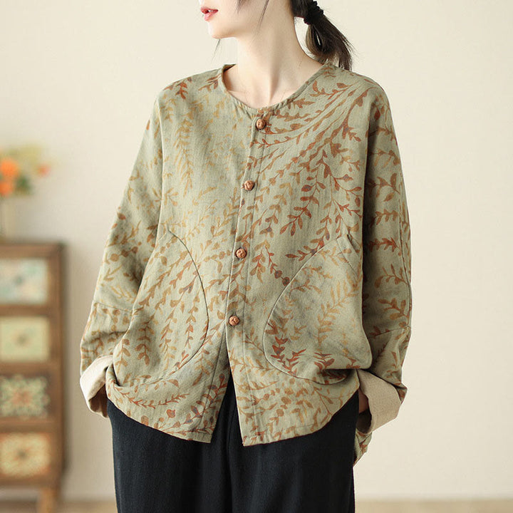 Buddha Stones Leaf Print Women's Cotton Linen Jacket With Pockets - DarkKhaki - US14，UK/AU18，EU46 (2XL) - image 0