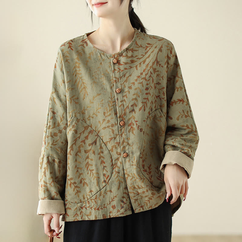 Buddha Stones Leaf Print Women's Cotton Linen Jacket With Pockets - image 1