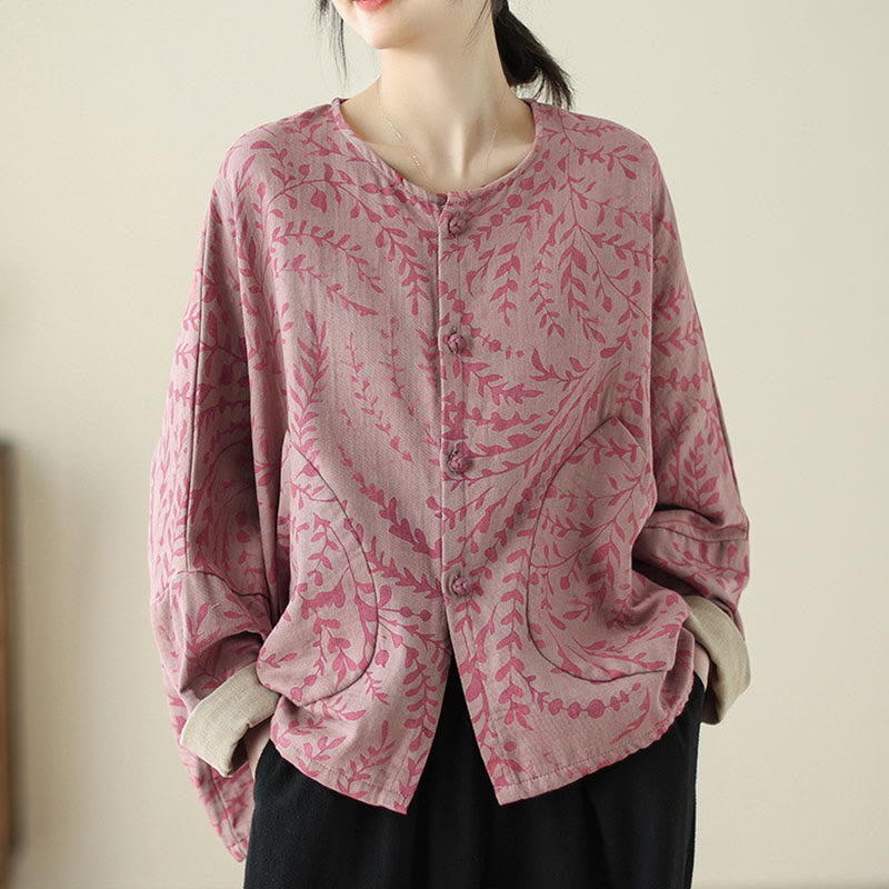 Buddha Stones Leaf Print Women's Cotton Linen Jacket With Pockets - image 8