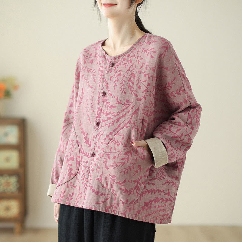 Buddha Stones Leaf Print Women's Cotton Linen Jacket With Pockets - image 10
