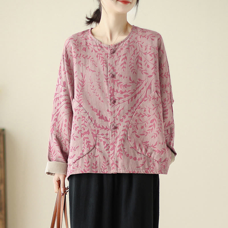Buddha Stones Leaf Print Women's Cotton Linen Jacket With Pockets - PaleVioletRed - US14，UK/AU18，EU46 (2XL) - image 6