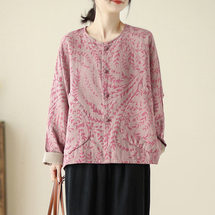 Buddha Stones Leaf Print Women's Cotton Linen Jacket With Pockets - PaleVioletRed - US14，UK/AU18，EU46 (2XL) - image 6