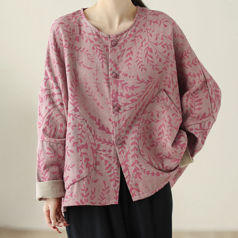 Buddha Stones Leaf Print Women's Cotton Linen Jacket With Pockets - image 7