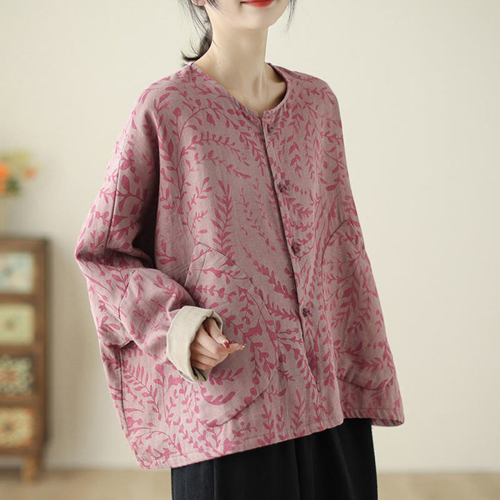 Buddha Stones Leaf Print Women's Cotton Linen Jacket With Pockets - image 9