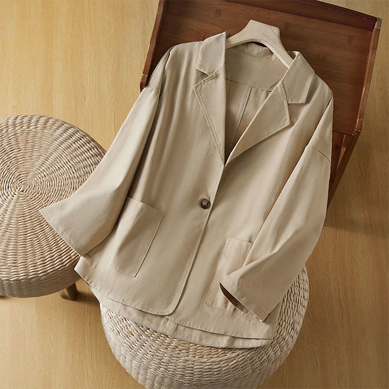 Buddha Stones Plain Button Women's Cotton Suit Jacket With Pockets - Wheat - US12，UK/AU16，EU44 (XL) - image 0
