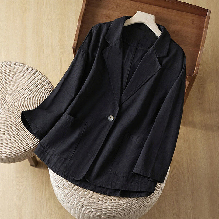 Buddha Stones Plain Button Women's Cotton Suit Jacket With Pockets - Black - US12，UK/AU16，EU44 (XL) - image 8