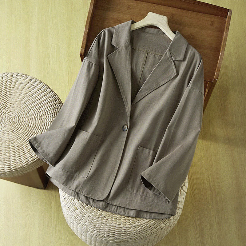 Buddha Stones Plain Button Women's Cotton Suit Jacket With Pockets - SlateGray - US12，UK/AU16，EU44 (XL) - image 14