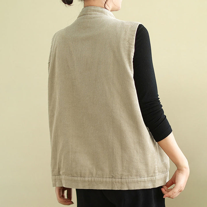 Buddha Stones Plain Sleeveless Women's Cotton Vest Corduroy Waistcoat With Pockets - image 3