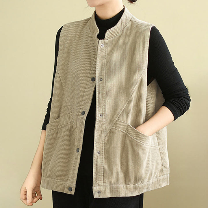 Buddha Stones Plain Sleeveless Women's Cotton Vest Corduroy Waistcoat With Pockets - image 4
