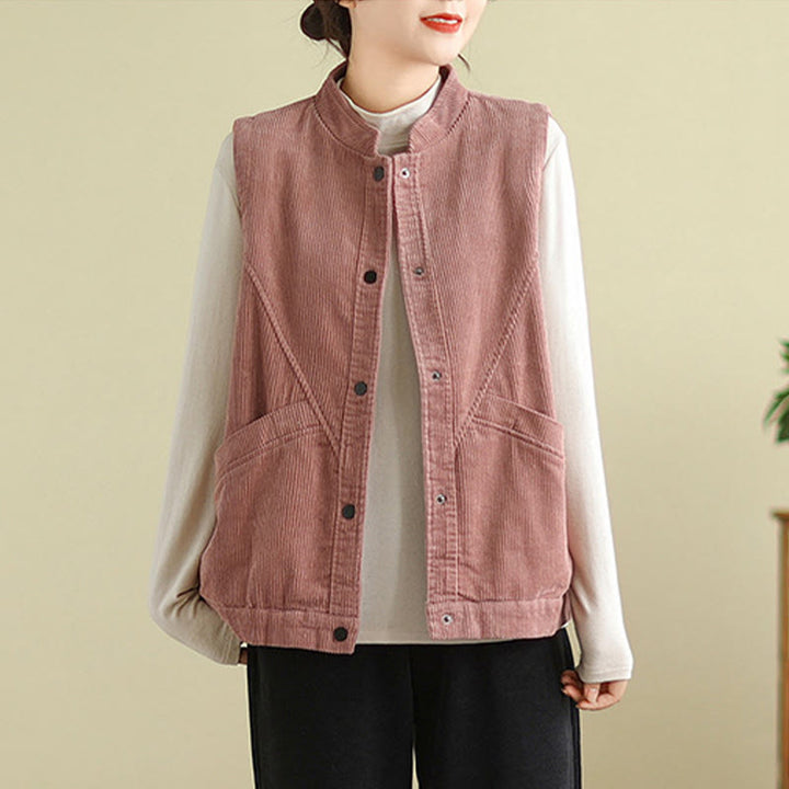 Buddha Stones Plain Sleeveless Women's Cotton Vest Corduroy Waistcoat With Pockets - image 12