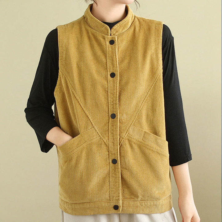 Buddha Stones Plain Sleeveless Women's Cotton Vest Corduroy Waistcoat With Pockets - image 15