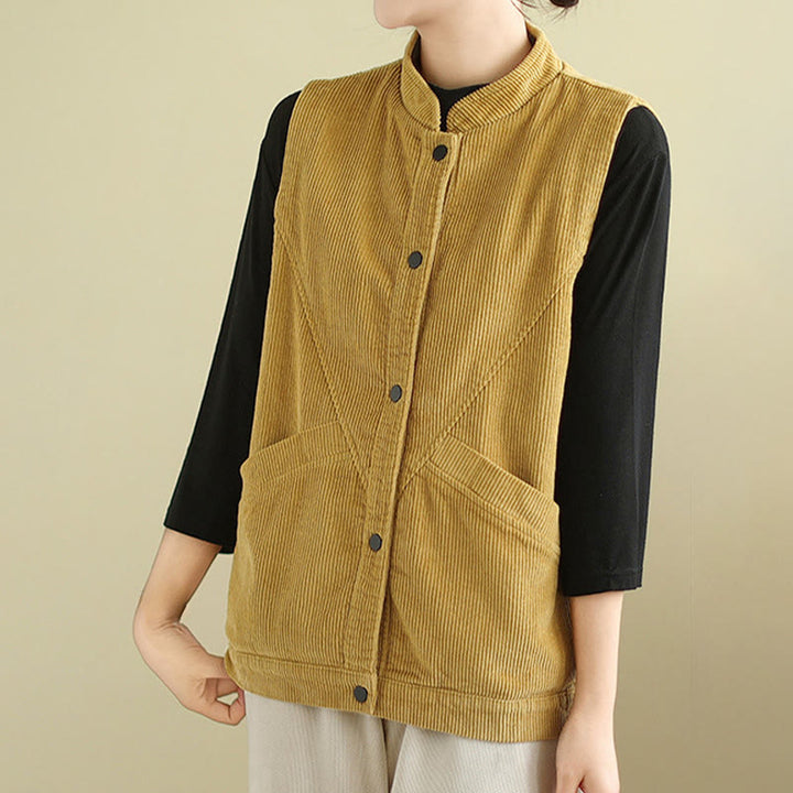 Buddha Stones Plain Sleeveless Women's Cotton Vest Corduroy Waistcoat With Pockets - image 17