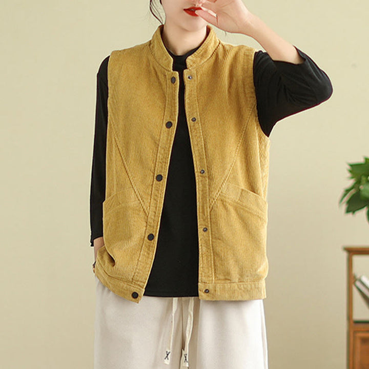 Buddha Stones Plain Sleeveless Women's Cotton Vest Corduroy Waistcoat With Pockets - image 16