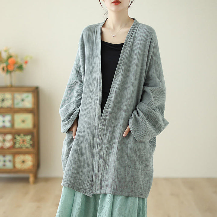 Buddha Stones Plain Long Sleeve Zen Meditation Cotton Linen Jacket With Pockets - image 4