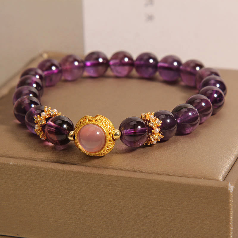 Buddha Stones Natural Amethyst Strawberry Quartz Beads Healing Bracelet - image 1