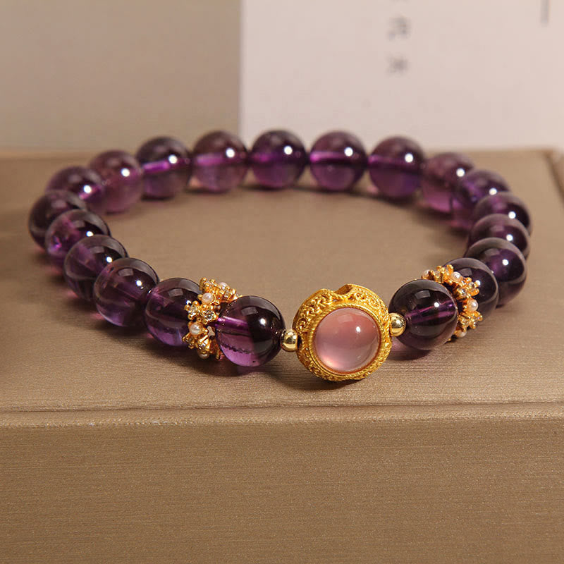 Buddha Stones Natural Amethyst Strawberry Quartz Beads Healing Bracelet - Amethyst & Strawberry Quartz(Wrist Circumference: 15-17cm) - image 0
