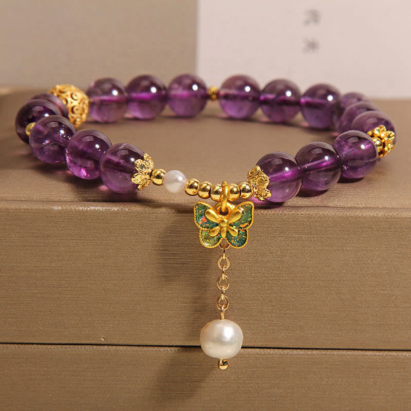 Buddha Stones Natural Amethyst Amber Green Butterfly Healing Bracelet - Amethyst & Amber Green Butterfly(Wrist Circumference: 15-17cm) - image 0