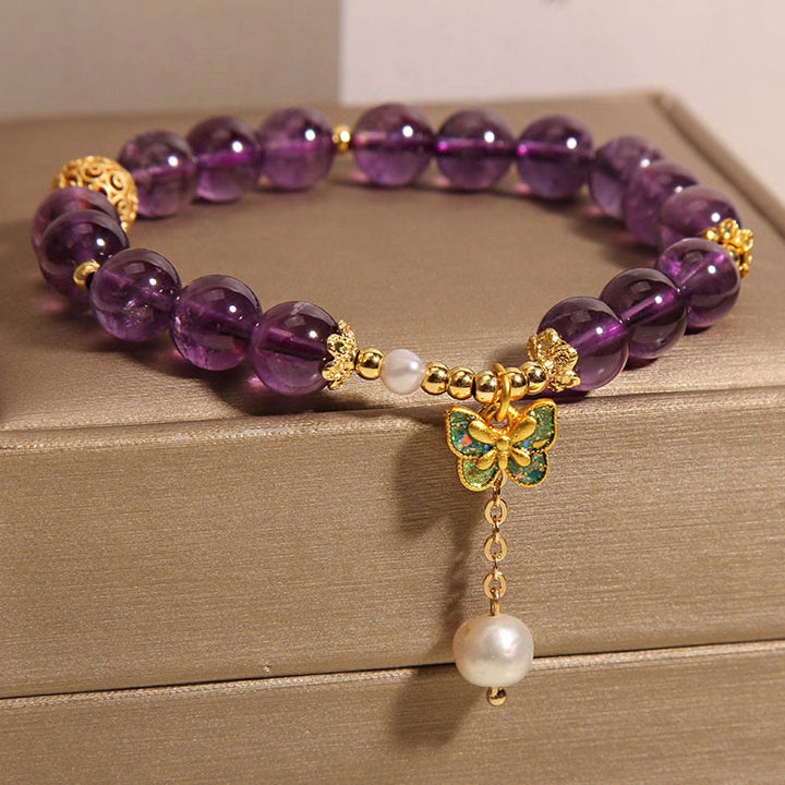 Buddha Stones Natural Amethyst Amber Green Butterfly Healing Bracelet - image 8