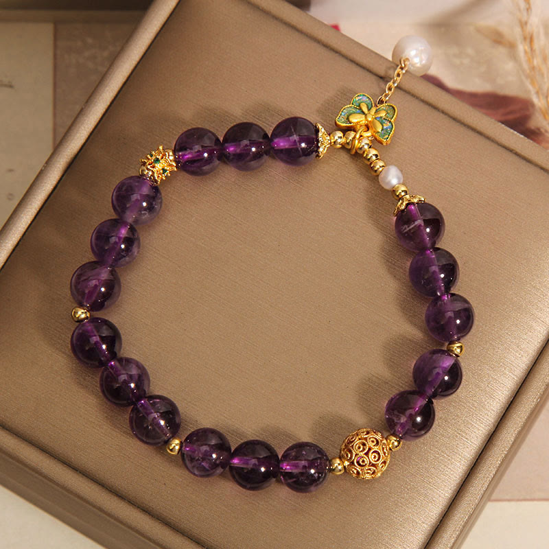 Buddha Stones Natural Amethyst Amber Green Butterfly Healing Bracelet - image 4
